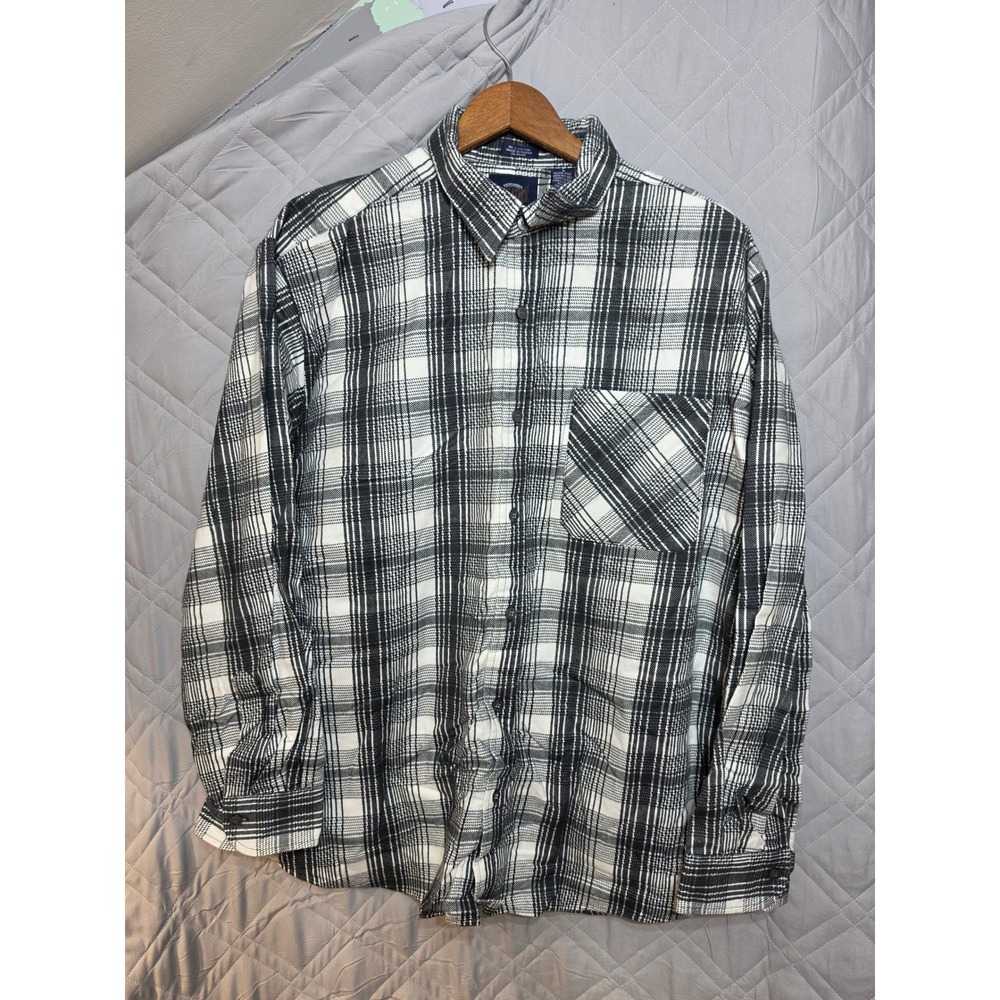 Saugatuck Dry Goods Mens Black White Plaid Cotton Flannel Button Down Shirt L